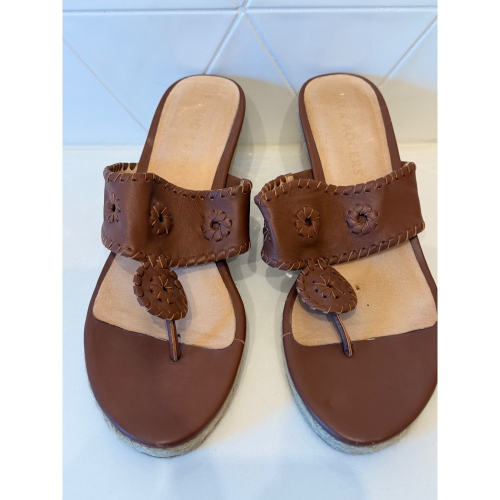 Jack Rogers Womens Brown Leather Espadrille Wedge Sandals Thong Flip Flop